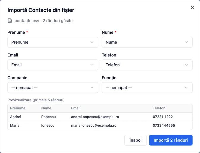 Fereastra prin care aduci înregistrările dintr-un fișier Excel