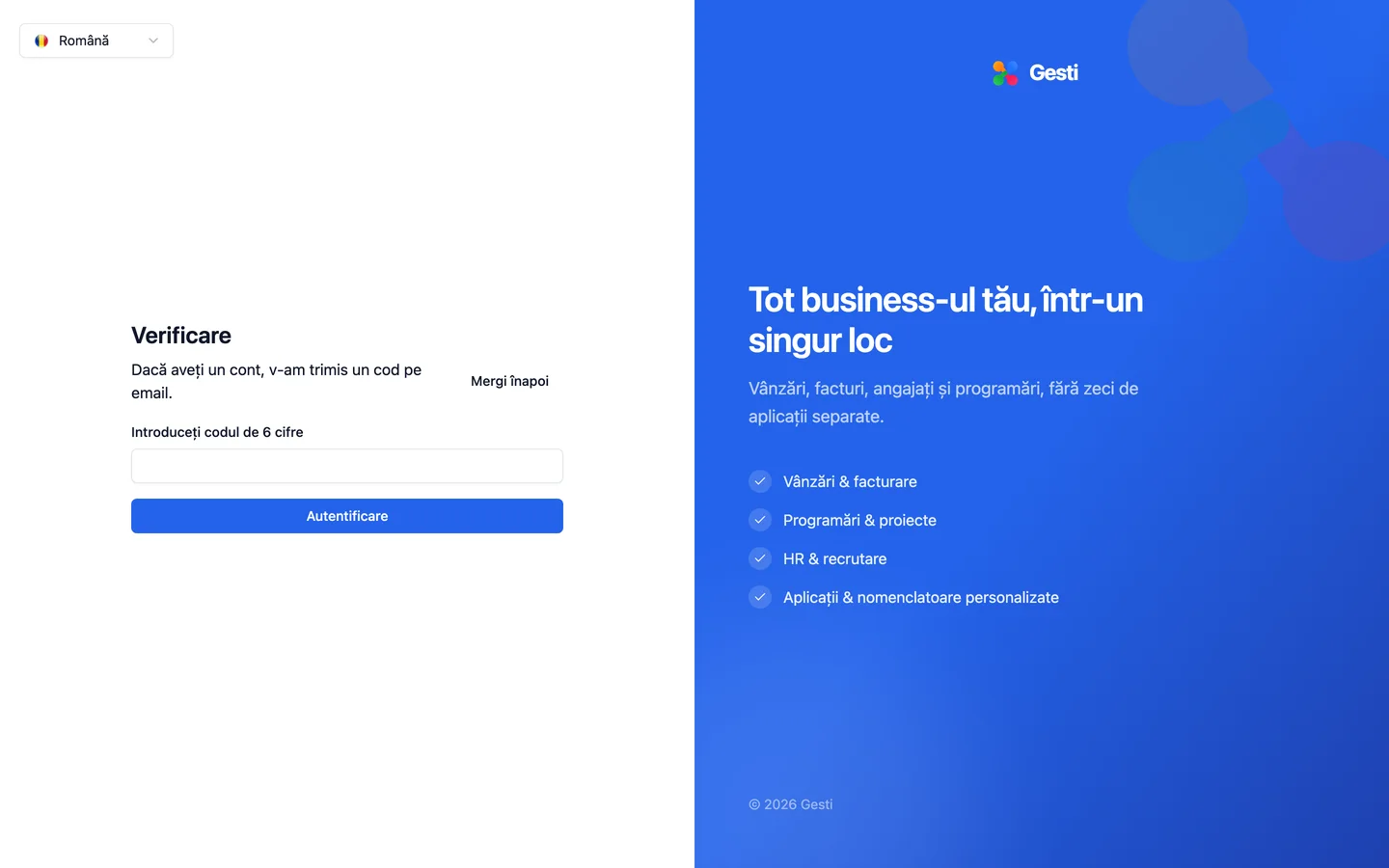 Ecranul de intrare în portal, cu adresa de email și codul primit