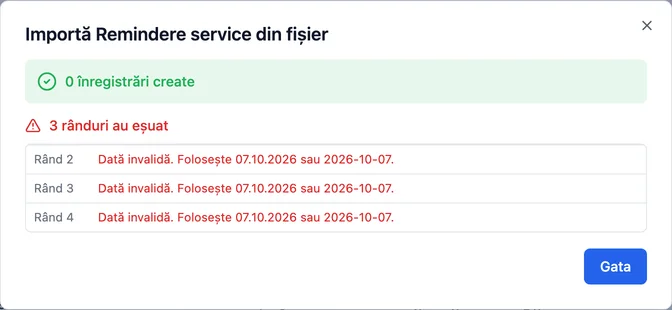 Raportul de la finalul importului, cu rândurile care mai au nevoie de o corectură